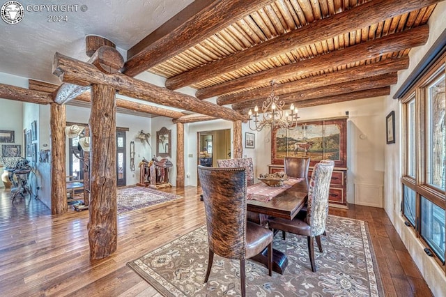 dining space with beamed ceiling, a healthy amount of sunlight, wood-type flooring, and wooden ceiling