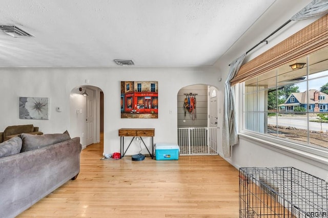 living room with a textured ceiling and light wood-type flooring