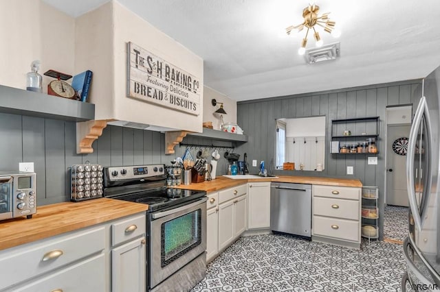 kitchen featuring wood counters, sink, white cabinetry, appliances with stainless steel finishes, and wooden walls