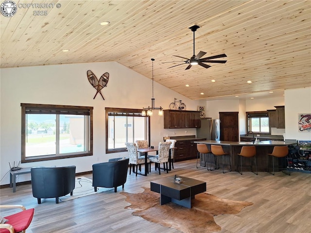201 Fox Run, Silver Cliff, CO 81252 - living area with a ceiling fan, light wood-style floors, high vaulted ceiling, recessed lighting, and wooden ceiling