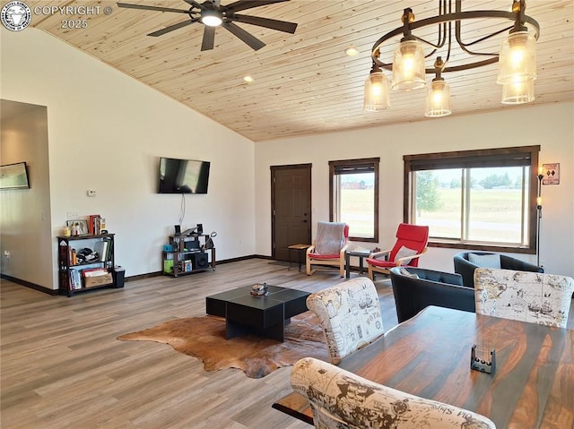 201 Fox Run, Silver Cliff, CO 81252 - living area featuring ceiling fan, wood finished floors, lofted ceiling, and wood ceiling