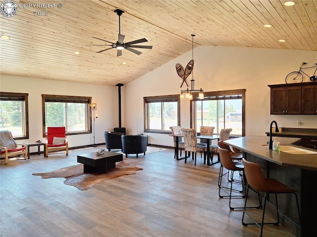 201 Fox Run, Silver Cliff, CO 81252 - kitchen featuring a wood stove, dark countertops, healthy amount of natural light, recessed lighting, and wood ceiling
