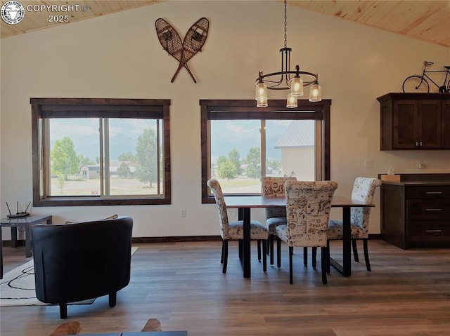 201 Fox Run, Silver Cliff, CO 81252 - dining space featuring wooden ceiling, plenty of natural light, dark wood-style flooring, a chandelier, and high vaulted ceiling
