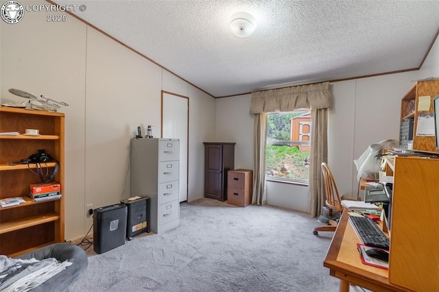 407 Horseshoe Dr, Canon City, CO 81212 - office area with carpet, a textured ceiling, crown molding, and vaulted ceiling