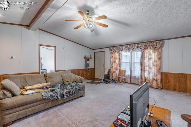 407 Horseshoe Dr, Canon City, CO 81212 - living area with crown molding, wood walls, lofted ceiling, a textured ceiling, and ceiling fan