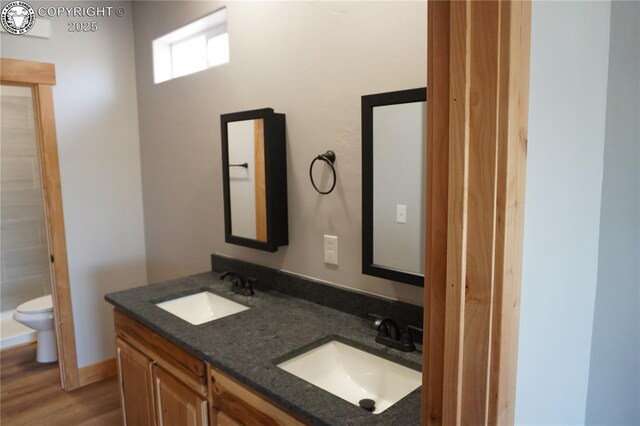 197 High Meadows Dr, Florence, CO 81226 - bathroom featuring wood finished floors, toilet, and double vanity