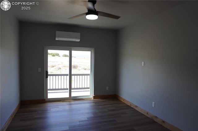 197 High Meadows Dr, Florence, CO 81226 - empty room with a wall mounted air conditioner, ceiling fan, wood finished floors, and baseboards