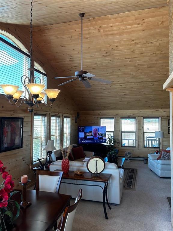 2 Inverness Ave, Westcliffe, CO 81252 - living room with healthy amount of natural light, wood walls, high vaulted ceiling, wooden ceiling, and carpet flooring