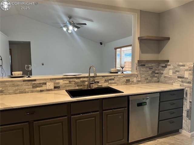 5 Cory Ln, Florence, CO 81226 - kitchen with a ceiling fan, a sink, open shelves, dishwasher, and lofted ceiling