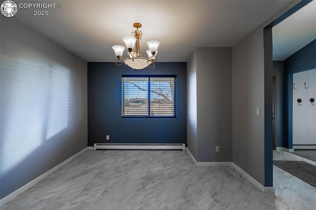 5 Cory Ln, Florence, CO 81226 - spare room with baseboards, a notable chandelier, a baseboard radiator, and marble finish floor