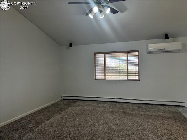 5 Cory Ln, Florence, CO 81226 - carpeted empty room with lofted ceiling, baseboard heating, a wall unit AC, baseboards, and ceiling fan