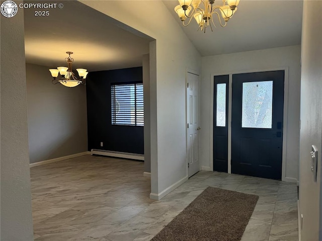 5 Cory Ln, Florence, CO 81226 - foyer entrance featuring an inviting chandelier, baseboards, marble finish floor, and a baseboard radiator