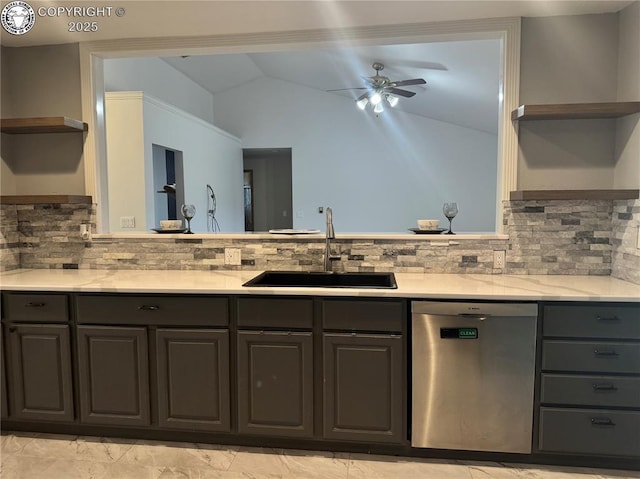 5 Cory Ln, Florence, CO 81226 - bathroom featuring vaulted ceiling, tasteful backsplash, vanity, and ceiling fan
