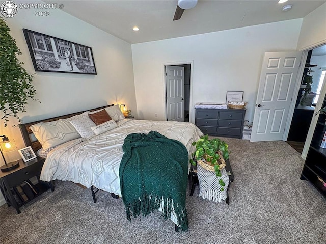 bedroom featuring ceiling fan and carpet flooring