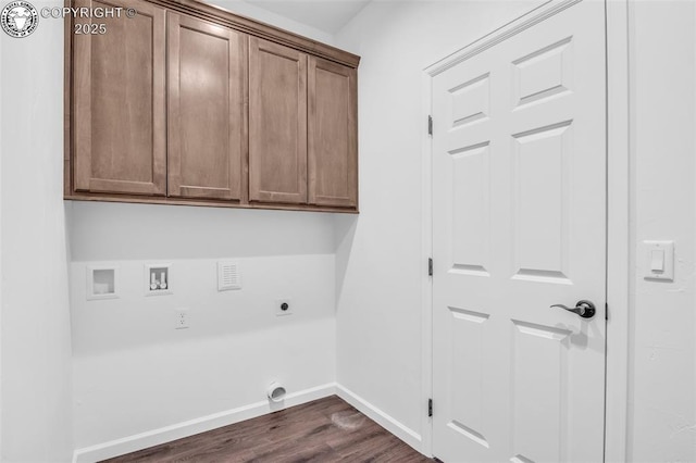 laundry room with cabinets, washer hookup, dark hardwood / wood-style floors, and hookup for an electric dryer