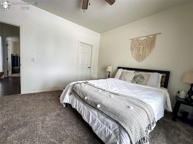 carpeted bedroom featuring ceiling fan