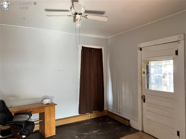 interior space with ceiling fan