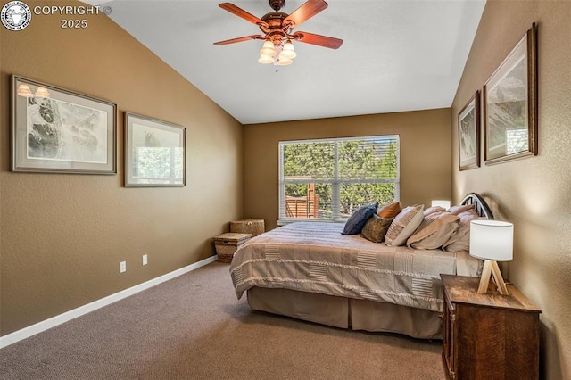 carpeted bedroom featuring ceiling fan and lofted ceiling