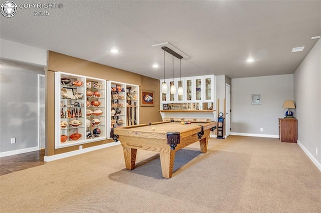 playroom featuring carpet floors, pool table, and built in shelves