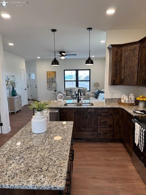 kitchen with sink, dark brown cabinets, light stone countertops, and dark wood-type flooring