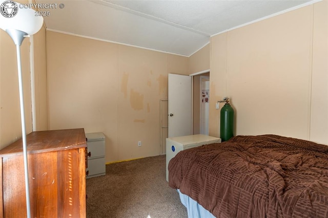 carpeted bedroom featuring vaulted ceiling and crown molding