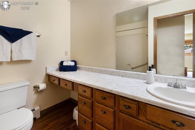 1125 Barr Ave, Canon City, CO 81212 - bathroom with baseboard heating, wood finished floors, and vanity