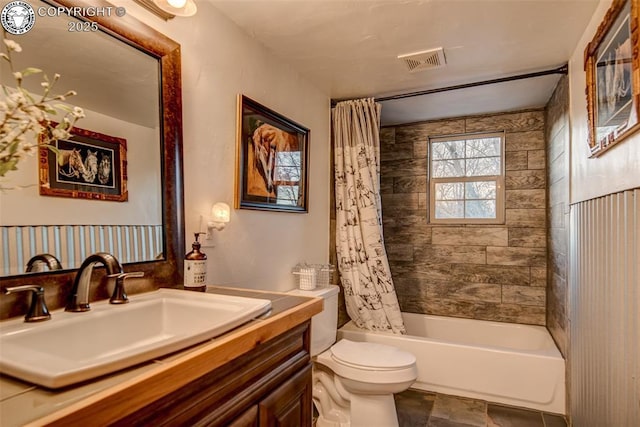 full bathroom with visible vents, shower / bathtub combination with curtain, toilet, and vanity