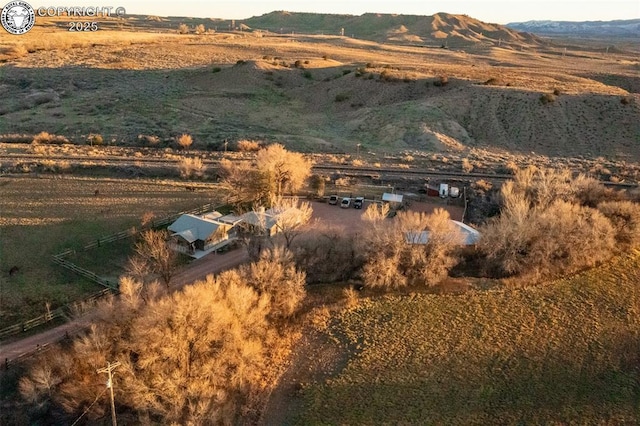 birds eye view of property featuring a rural view and a mountain view