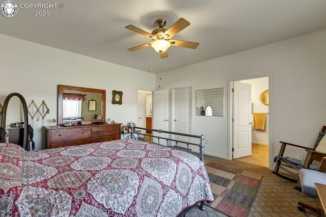 carpeted bedroom featuring ceiling fan