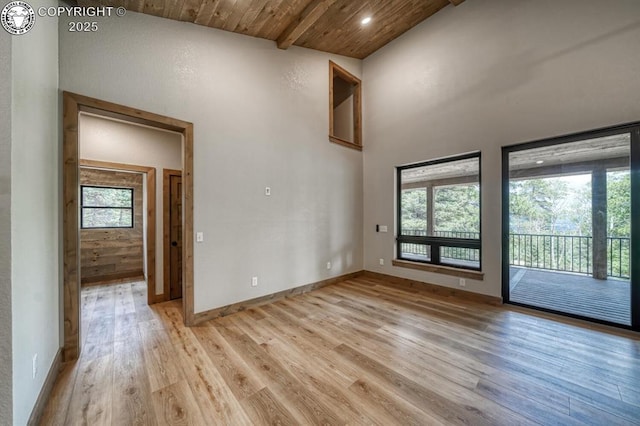 79 Terrazo Abajo, Westcliffe, CO 81252 - spare room featuring light wood finished floors, a wood ceiling with exposed beams, healthy amount of natural light, high vaulted ceiling, and recessed lighting