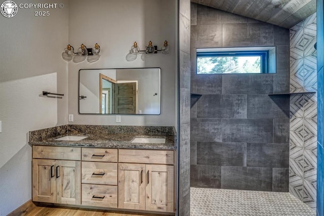 79 Terrazo Abajo, Westcliffe, CO 81252 - full bathroom with double vanity, walk in shower, and wood finished floors