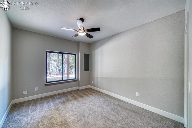 79 Terrazo Abajo, Westcliffe, CO 81252 - unfurnished room featuring carpet floors, electric panel, a ceiling fan, and a textured ceiling