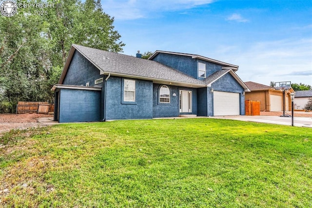 view of front of home with a shingled roof, concrete driveway, a front yard, fence, and a garage