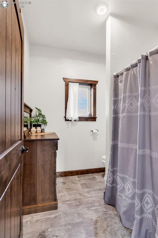 3491 County Road 215th Rd, Westcliffe, CO 81252 - full bathroom with wood finished floors and a shower with curtain