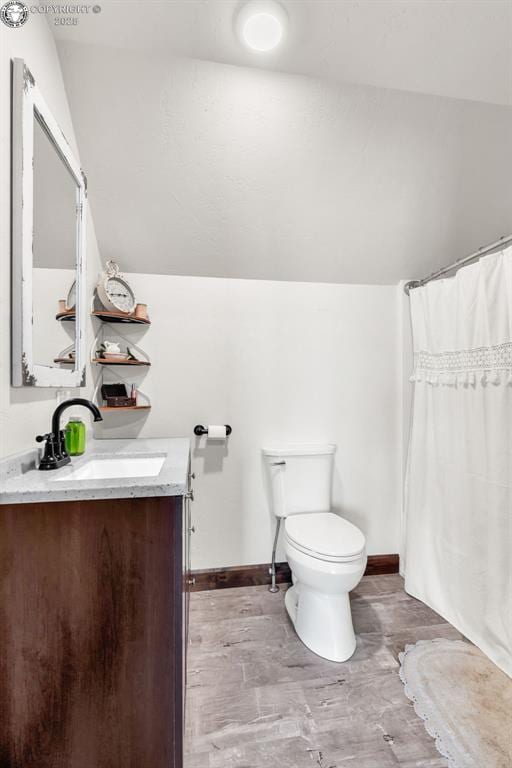 3491 County Road 215th Rd, Westcliffe, CO 81252 - full bathroom with vanity, lofted ceiling, and a shower with shower curtain
