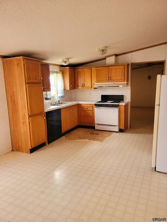 kitchen with crown molding, sink, white appliances, and a textured ceiling