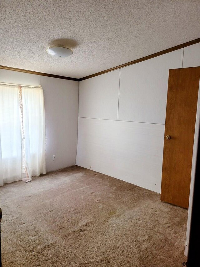 unfurnished room featuring ornamental molding, light colored carpet, and a textured ceiling