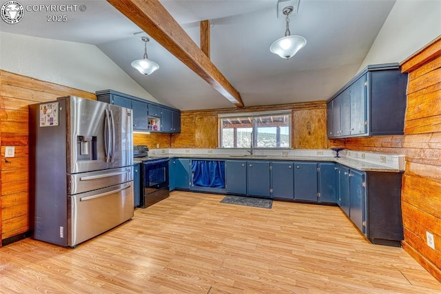 321 County Road 353a, Canon City, CO 81212 - kitchen featuring stainless steel refrigerator with ice dispenser, black electric range oven, blue cabinets, light wood-style flooring, and pendant lighting