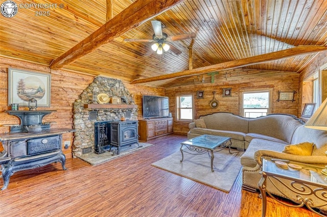 321 County Road 353a, Canon City, CO 81212 - living room with a wood stove, wood ceiling, a ceiling fan, and wood finished floors
