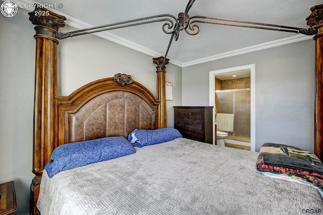 bedroom featuring ensuite bathroom and ornamental molding