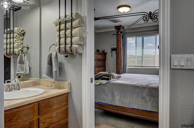 bathroom featuring vanity, a textured wall, ensuite bathroom, and ornamental molding