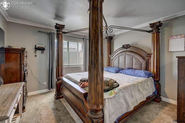 carpeted bedroom featuring baseboards and ornamental molding