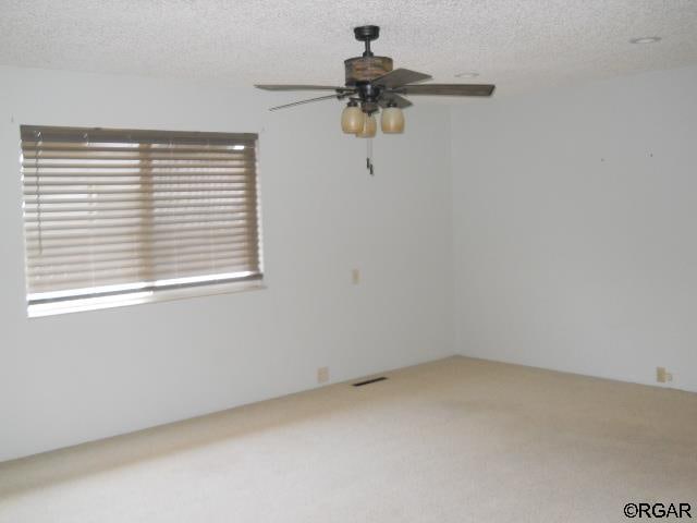 empty room featuring ceiling fan, carpet floors, and a textured ceiling