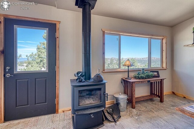 820 Little Horn Dr, Westcliffe, CO 81252 - foyer with baseboards, a wood stove, and plenty of natural light