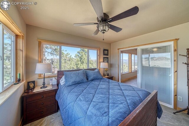 820 Little Horn Dr, Westcliffe, CO 81252 - bedroom featuring baseboards, access to outside, ceiling fan, and multiple windows
