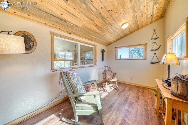 820 Little Horn Dr, Westcliffe, CO 81252 - living area featuring lofted ceiling, baseboards, wooden ceiling, and wood finished floors