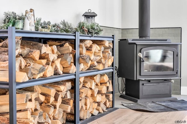 exterior details featuring a wood stove