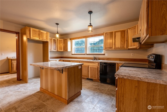 kitchen featuring black dishwasher, a breakfast bar area, light tile floors, a center island, and pendant lighting