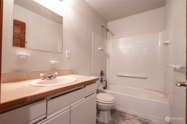 full bathroom featuring tile floors, toilet, large vanity, and shower / tub combination