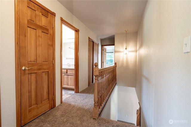 corridor with sink and light carpet